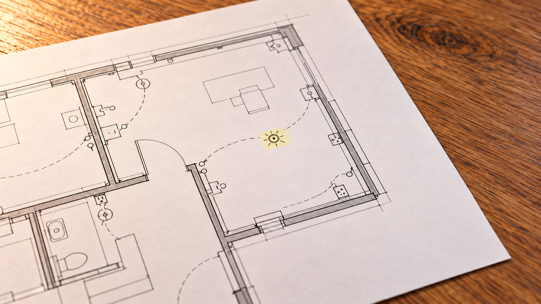 Close-up of an electrical floor plan with dashed circuit lines and a yellow-highlighted lighting symbol on a wooden tabletop.