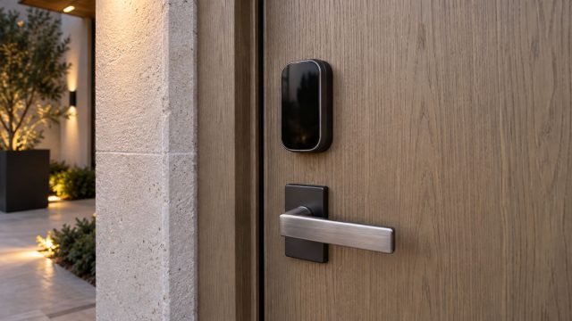 Black electronic lock and brushed metal lever on a light wooden entrance door beside pale stone cladding.