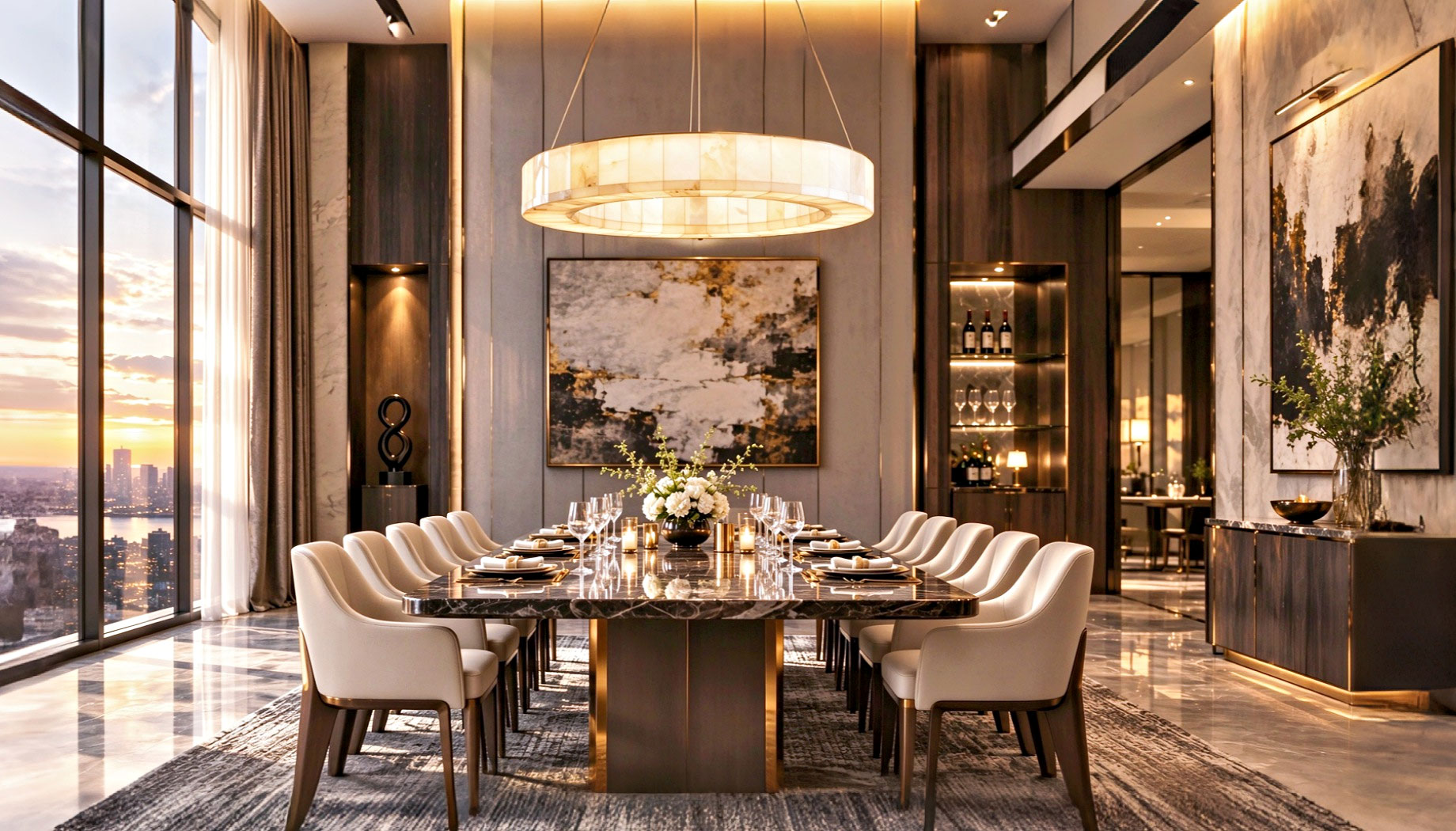 Cream upholstered chairs surround a dark marble dining table beneath a glowing ring chandelier, with sunset city views through tall windows.