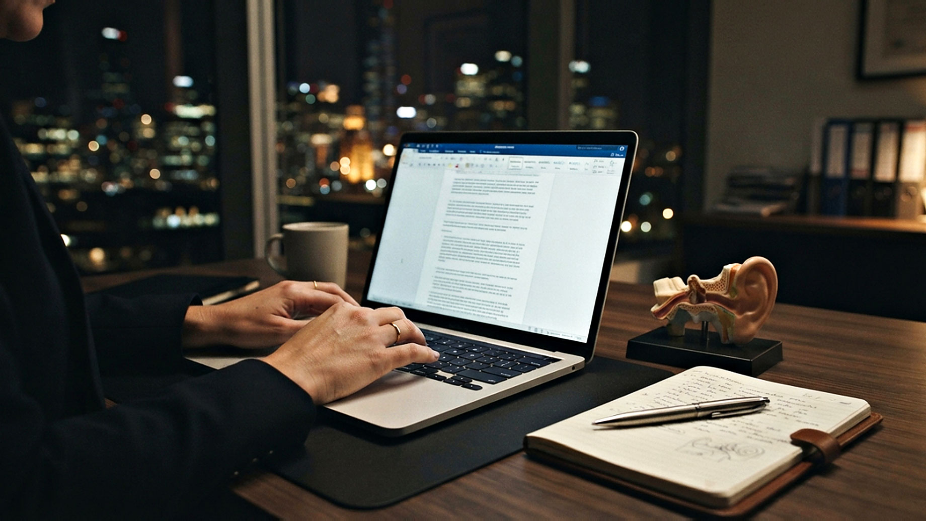 Person typing on a laptop beside an anatomical ear model and an open notebook, with city lights visible through office windows.