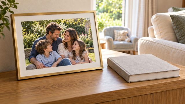 Framed photograph of two parents and two children beside a linen-bound book on an oak sideboard.