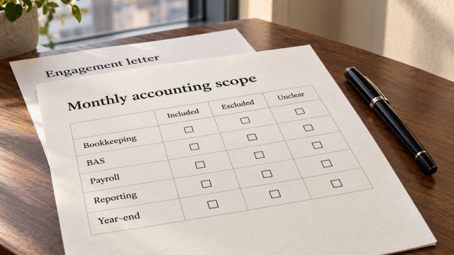 Monthly accounting scope checklist beside an engagement letter and a black pen on a walnut desk.