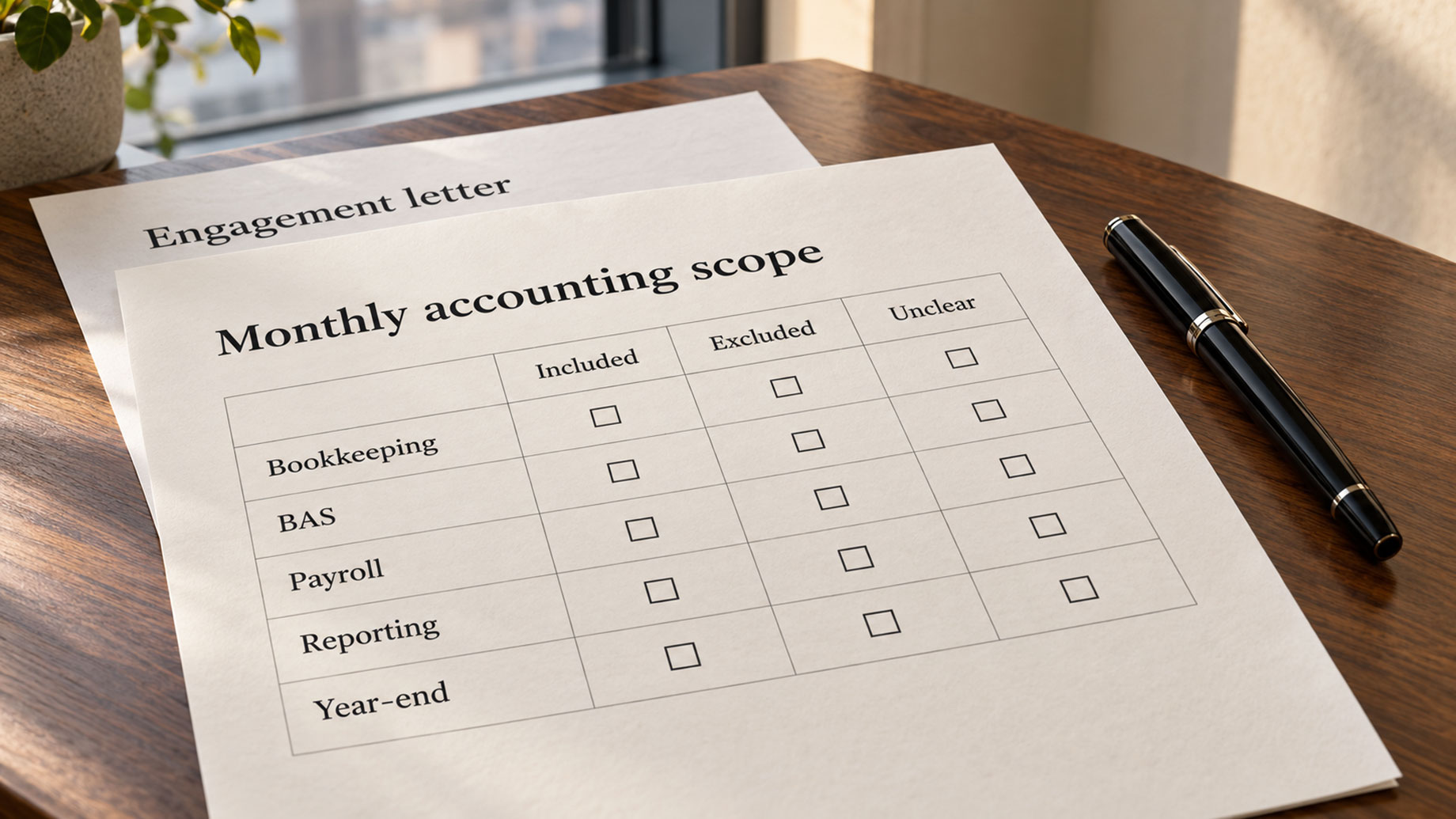 Monthly accounting scope checklist beside an engagement letter and a black pen on a walnut desk.