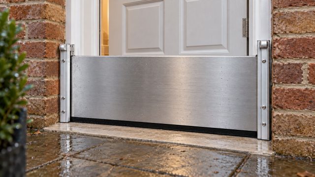 Aluminium flood barrier across a brick home's doorway, with a white panelled door slightly ajar and rain-wet paving outside.