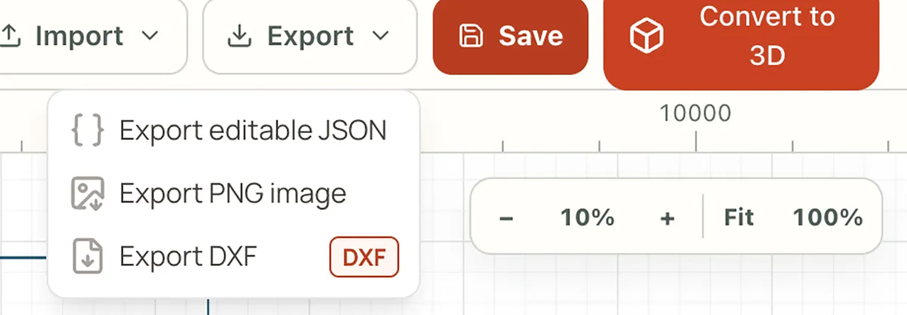 Open Export menu showing options for editable JSON, a PNG image and a DXF file in the floor plan maker.