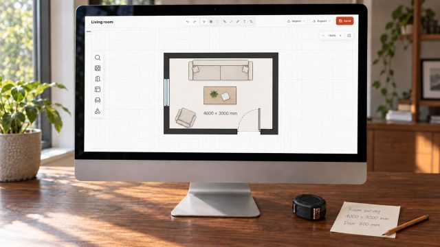 iMac displaying a furnished living room floor plan beside a tape measure, pencil and handwritten survey notes on a walnut desk.