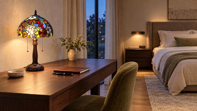 Floral stained-glass lamp glowing on a wooden writing desk beside an olive upholstered chair in a contemporary bedroom.