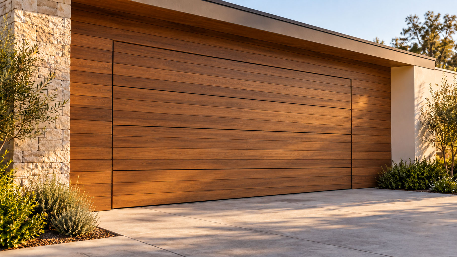 Flush timber garage door integrated into horizontal wood cladding beside a pale stone pier and concrete driveway.