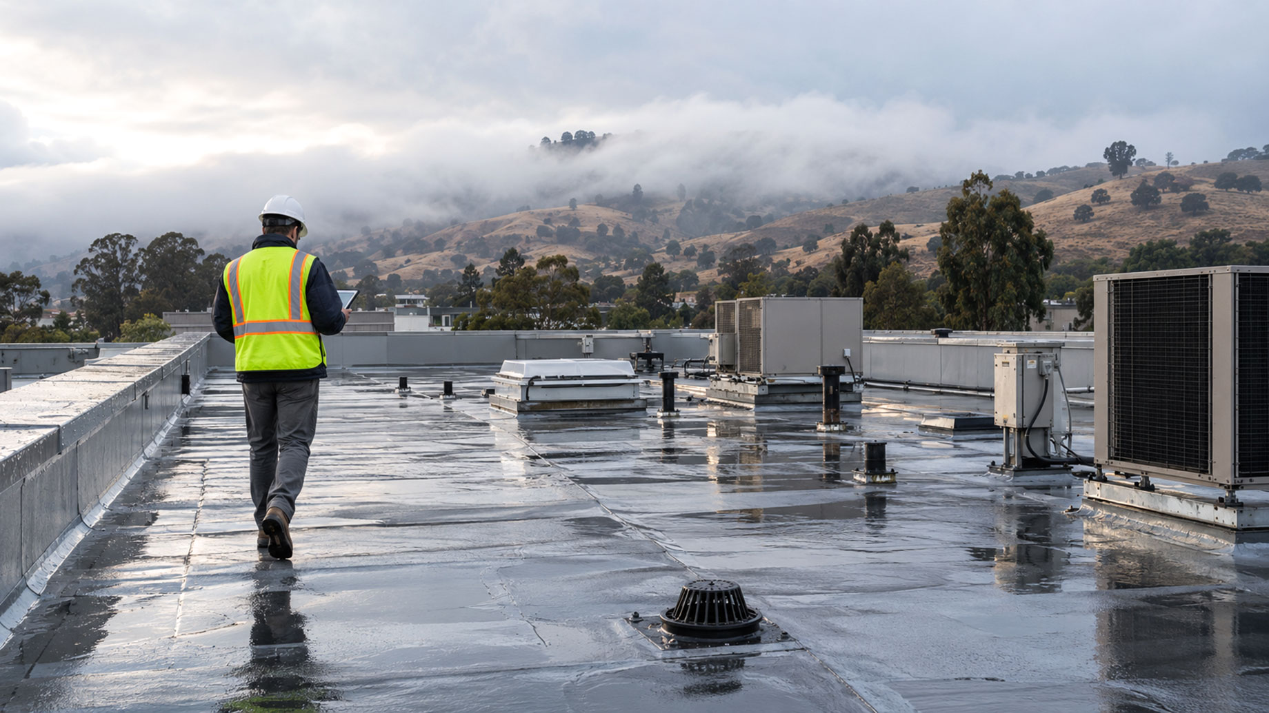 Roof inspector seen from behind on a wet commercial rooftop with HVAC units, vent pipes, and a drain beneath fog-covered hills.
