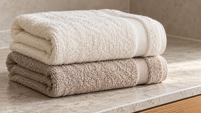 Ivory and taupe terry bath towels stacked on a pale stone bathroom countertop in soft natural light.