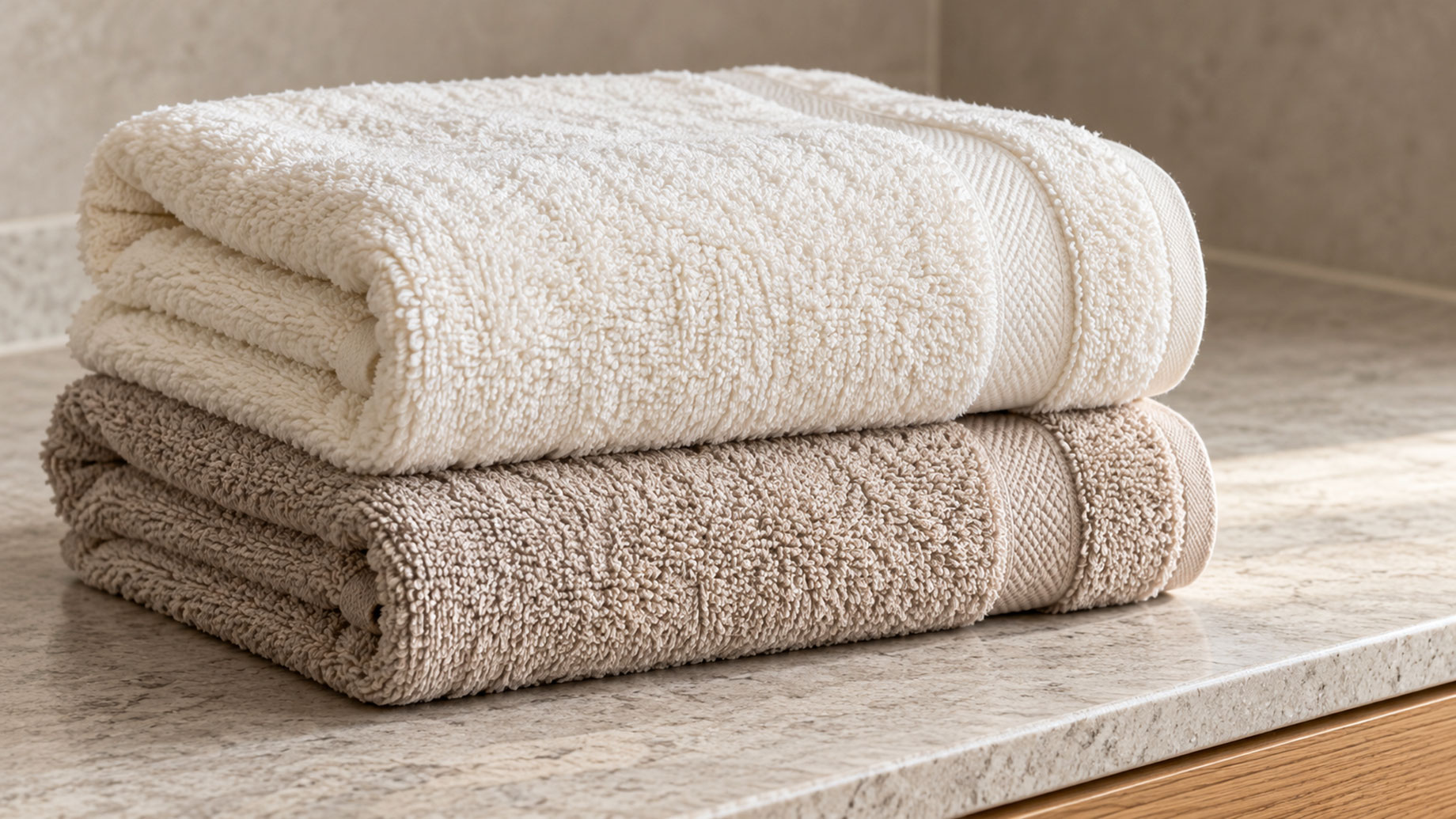 Ivory and taupe terry bath towels stacked on a pale stone bathroom countertop in soft natural light.