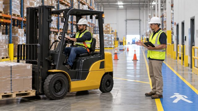 Forklift operator carrying a wrapped pallet beside an instructor holding a tablet in a warehouse with marked pedestrian lanes.