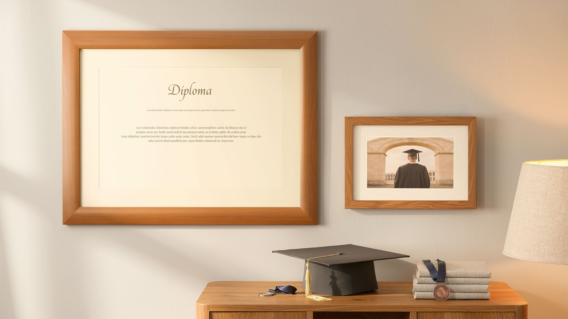 Wood-framed diploma and graduation photo above a console displaying a black graduation cap, medals, and stacked books.