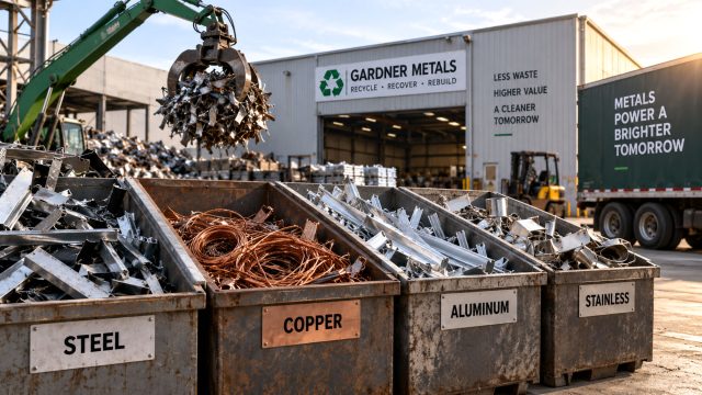 Labeled bins of steel, copper, aluminum, and stainless steel at a recycling yard, with a grapple lifting scrap behind them.