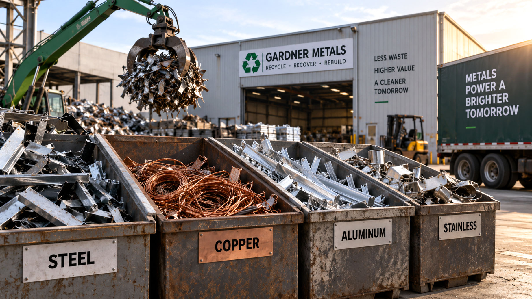 Labeled bins of steel, copper, aluminum, and stainless steel at a recycling yard, with a grapple lifting scrap behind them.