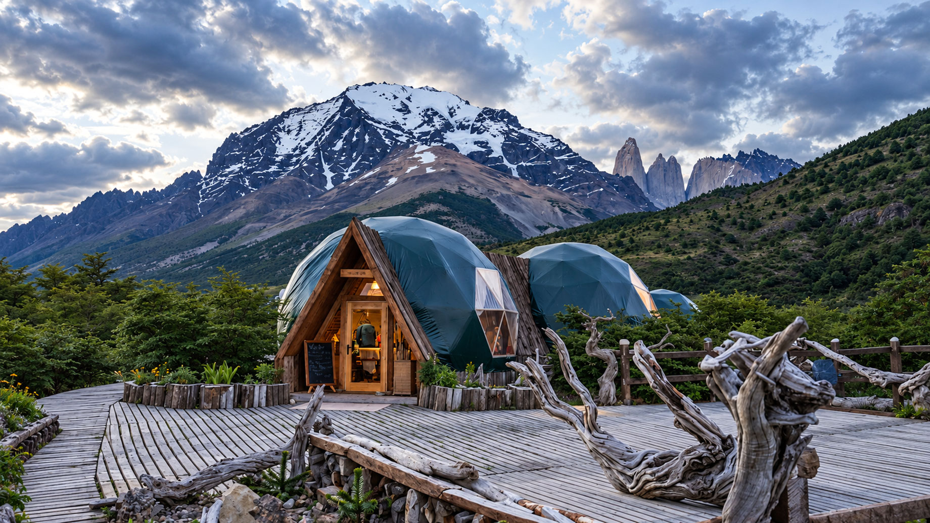 Blue-gray glamping domes with a timber entrance and rustic boardwalk beneath snow-streaked mountains and cloudy skies.