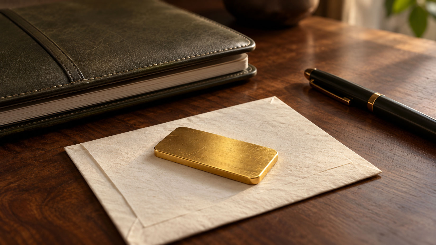 Small gold bar on a cream envelope beside a closed leather folio and black pen on a walnut desk.