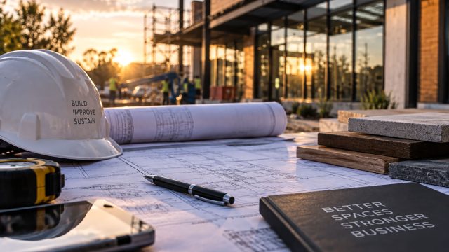 White construction hard hat, architectural blueprints, material samples, and measuring tape on a worktable outside a commercial building undergoing renovation.