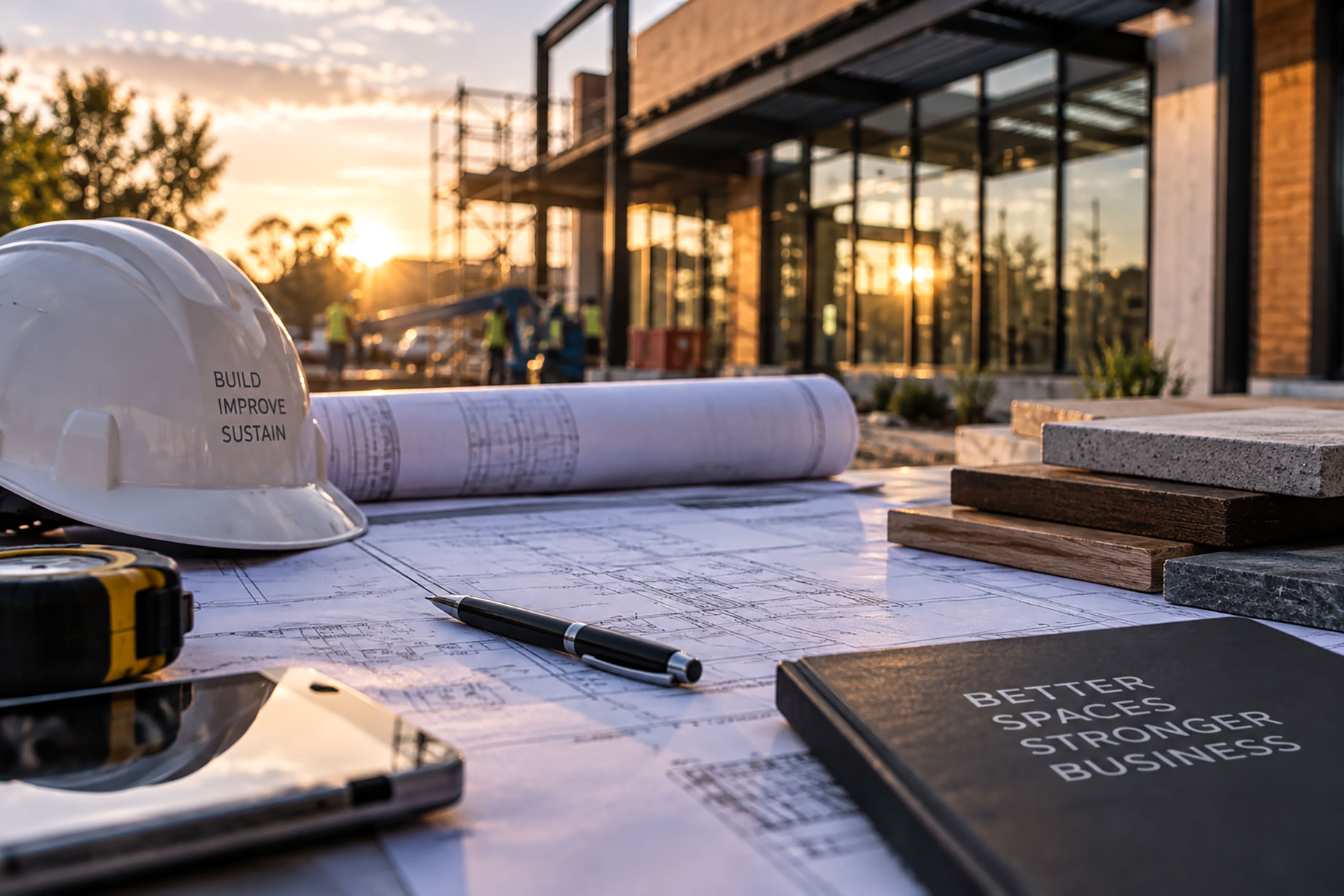 White construction hard hat, architectural blueprints, material samples, and measuring tape on a worktable outside a commercial building undergoing renovation.