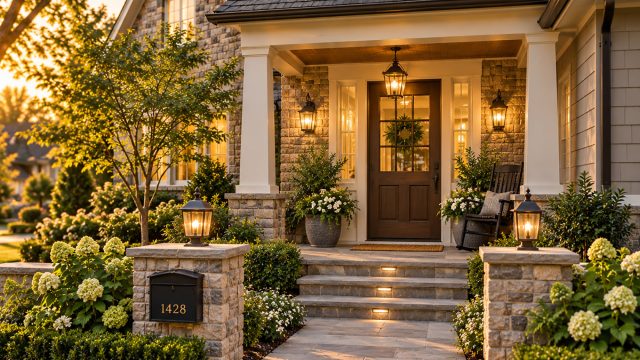 Stone walkway leading to a covered front porch with a wooden entrance door, warm lantern lighting, and landscaped gardens at sunset.