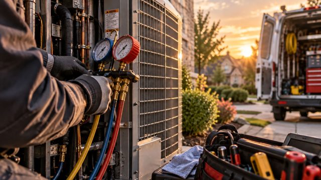 HVAC technician wearing protective gloves checking refrigerant pressure gauges on an outdoor air conditioning unit beside a home at sunset.