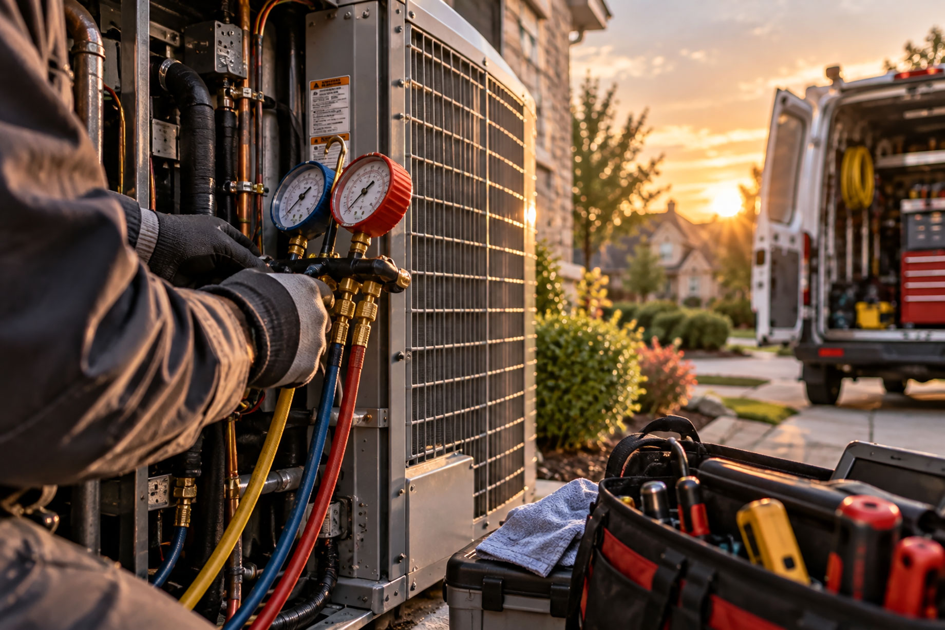 HVAC technician wearing protective gloves checking refrigerant pressure gauges on an outdoor air conditioning unit beside a home at sunset.
