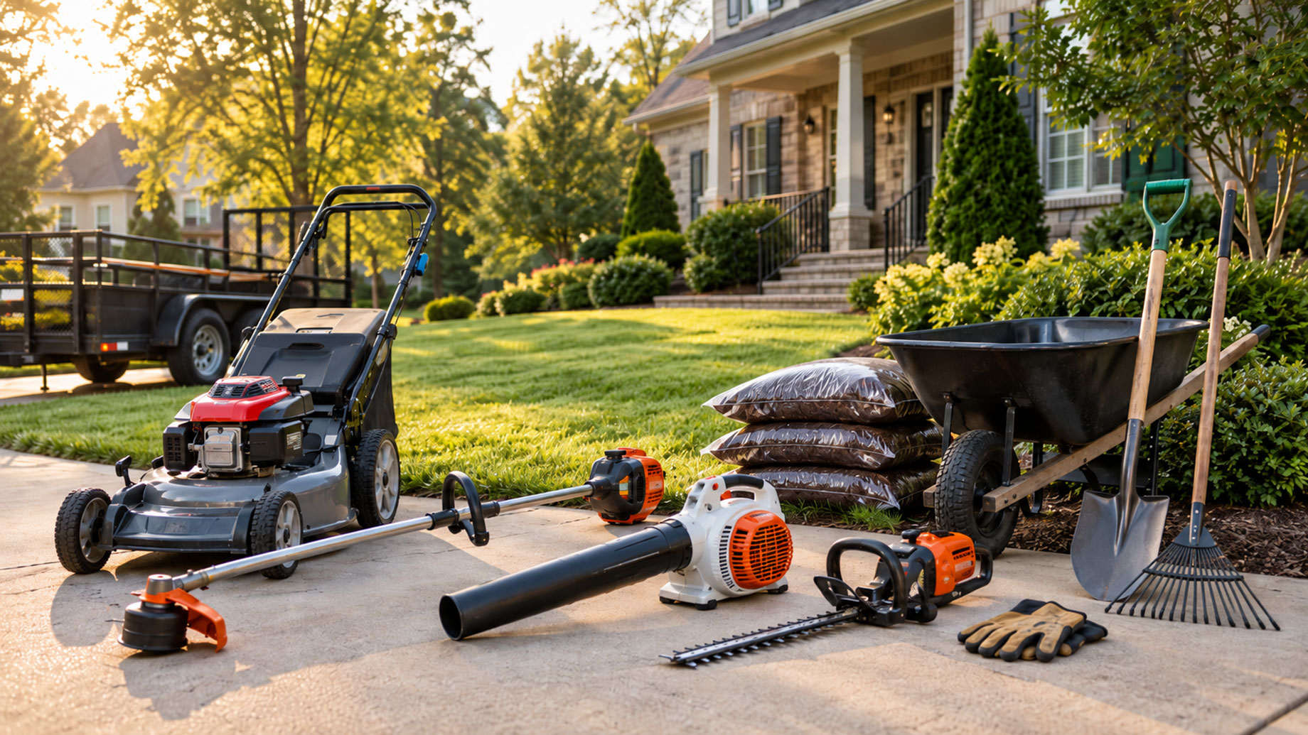 Lawn mower, string trimmer, leaf blower, hedge trimmer, wheelbarrow, shovel, and rake arranged on a driveway beside a lawn.