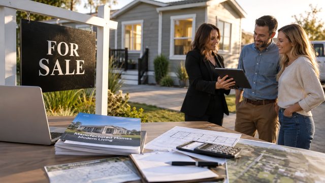 Real estate agent showing a tablet to prospective homebuyers outside a modern manufactured home, with a for-sale sign and property plans nearby.
