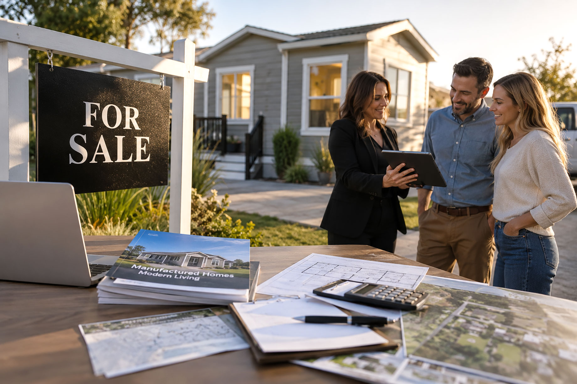 Real estate agent showing a tablet to prospective homebuyers outside a modern manufactured home, with a for-sale sign and property plans nearby.
