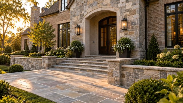 Stone and brick luxury home exterior with an arched entry, masonry steps, retaining walls, and a paved terrace in warm evening light.