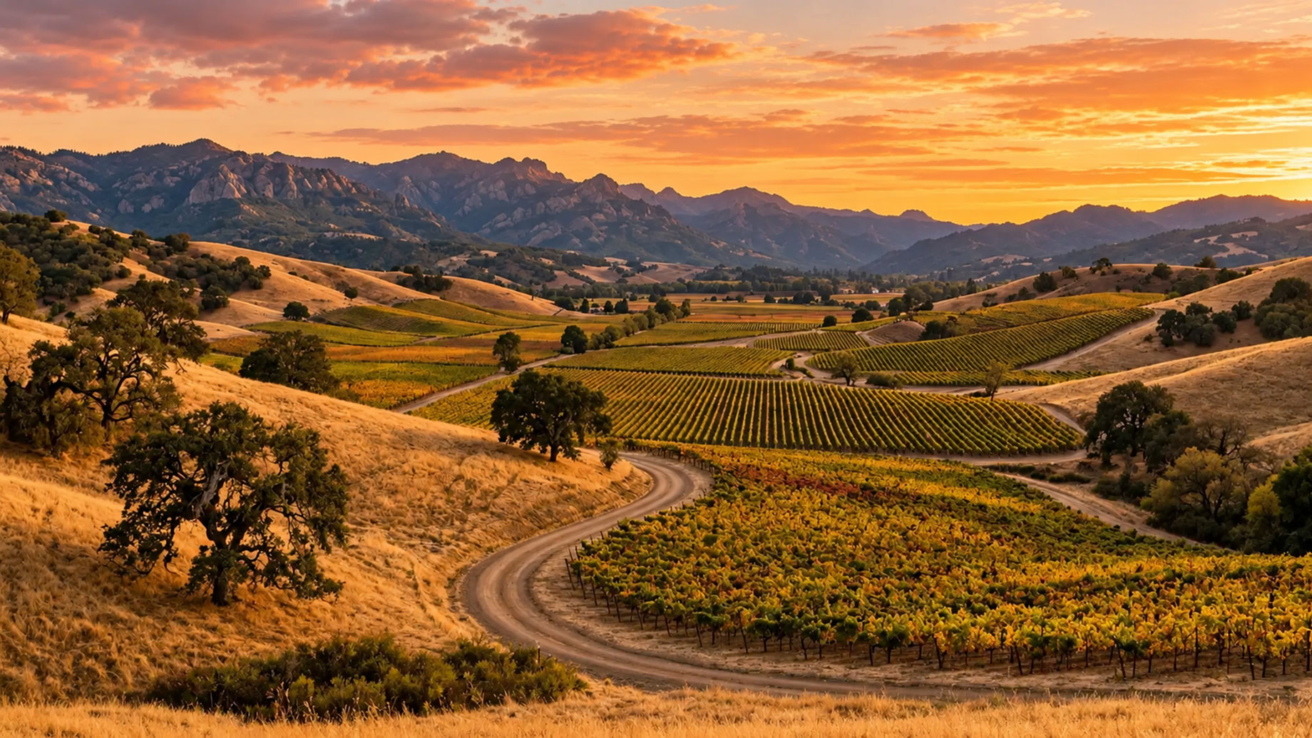Winding dirt road through golden vineyards and oak-studded hills, with rugged mountain ridges beneath an orange sunset sky.