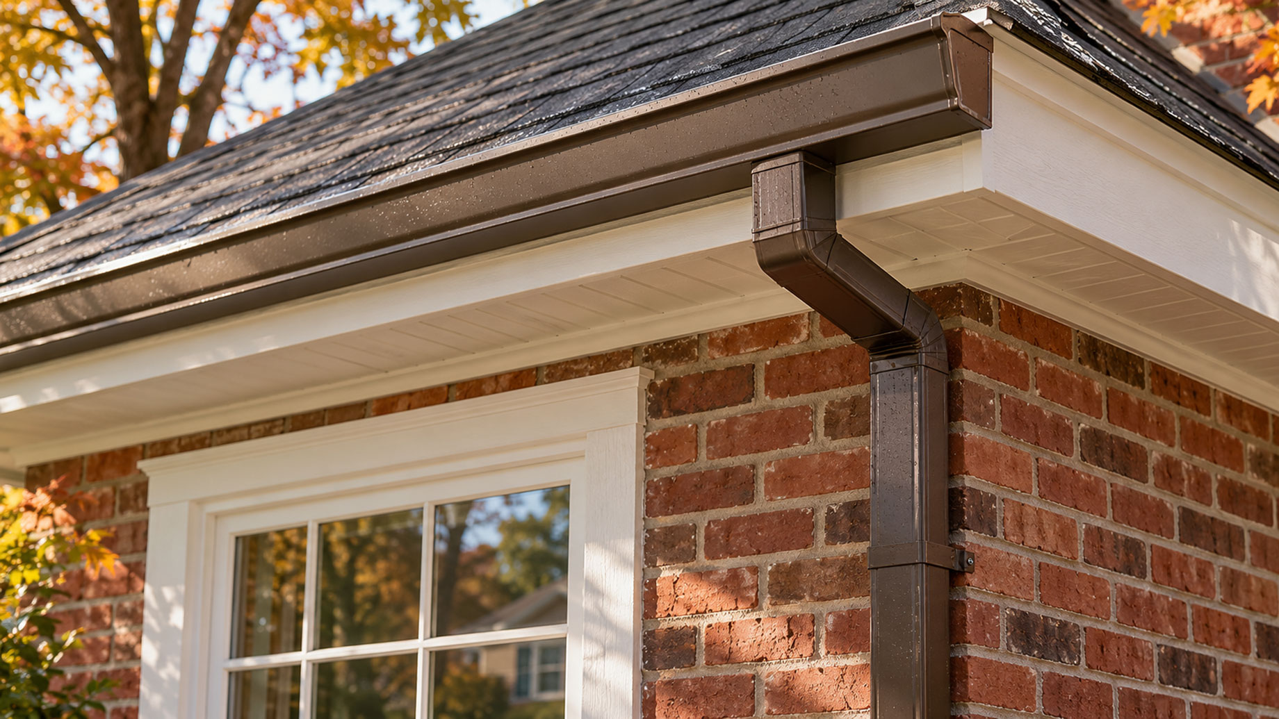 Brown gutter and downspout beneath white eaves on a red brick home, with autumn foliage in the background.