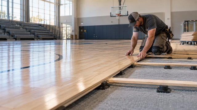 Installer fitting a hardwood floorboard beside exposed subfloor supports in a basketball gym with bleachers and a hoop.