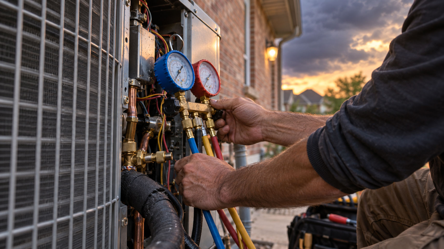 HVAC technician adjusts red and blue manifold gauges connected to an exposed outdoor air-conditioning unit beside a brick home at sunset.
