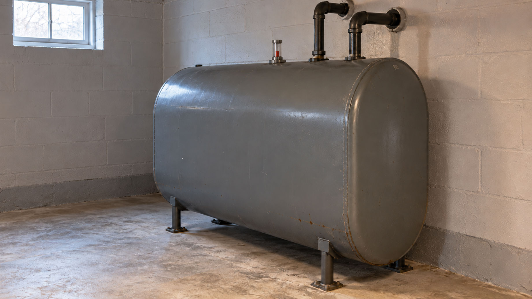 Grey steel heating oil tank on metal supports, with a level gauge and pipes entering a basement wall.