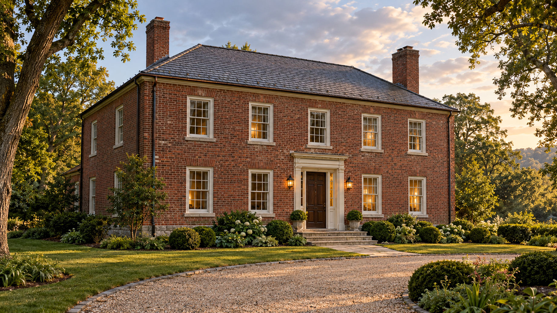Red-brick Georgian-style home with sash windows, twin chimneys, mature trees, and a curved gravel driveway in warm evening light.