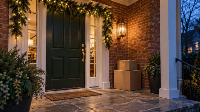 Evergreen garland and warm Christmas lights frame a dark green front door, with two delivery boxes beside the clear entrance on a stone porch at dusk.