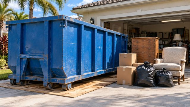 Blue roll-off dumpster on plywood beside a wooden dresser, upholstered chair, boxes, and trash bags outside an open garage.