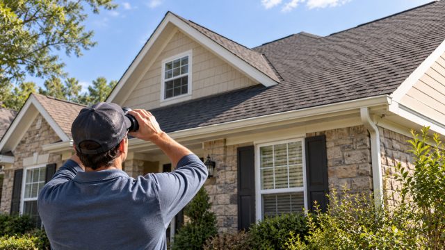 Person using binoculars to inspect the shingle roof of a stone-clad home from the front garden.