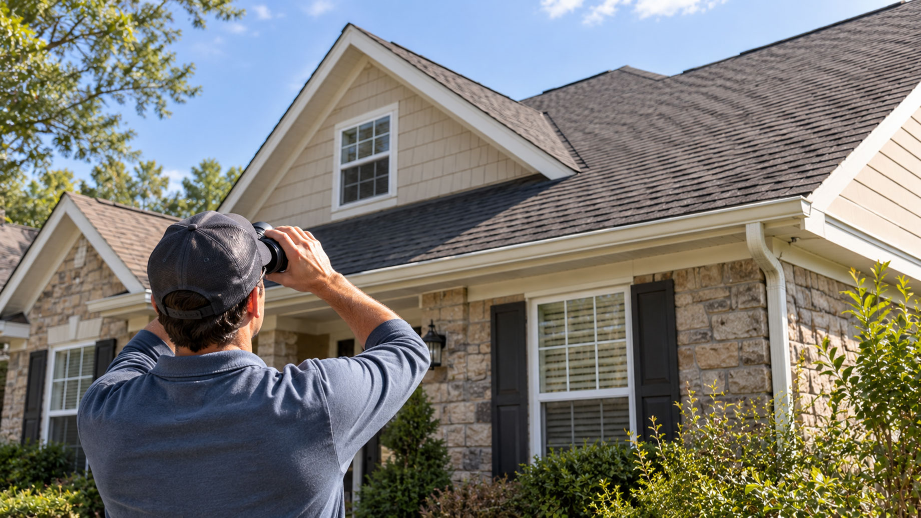 Person using binoculars to inspect the shingle roof of a stone-clad home from the front garden.