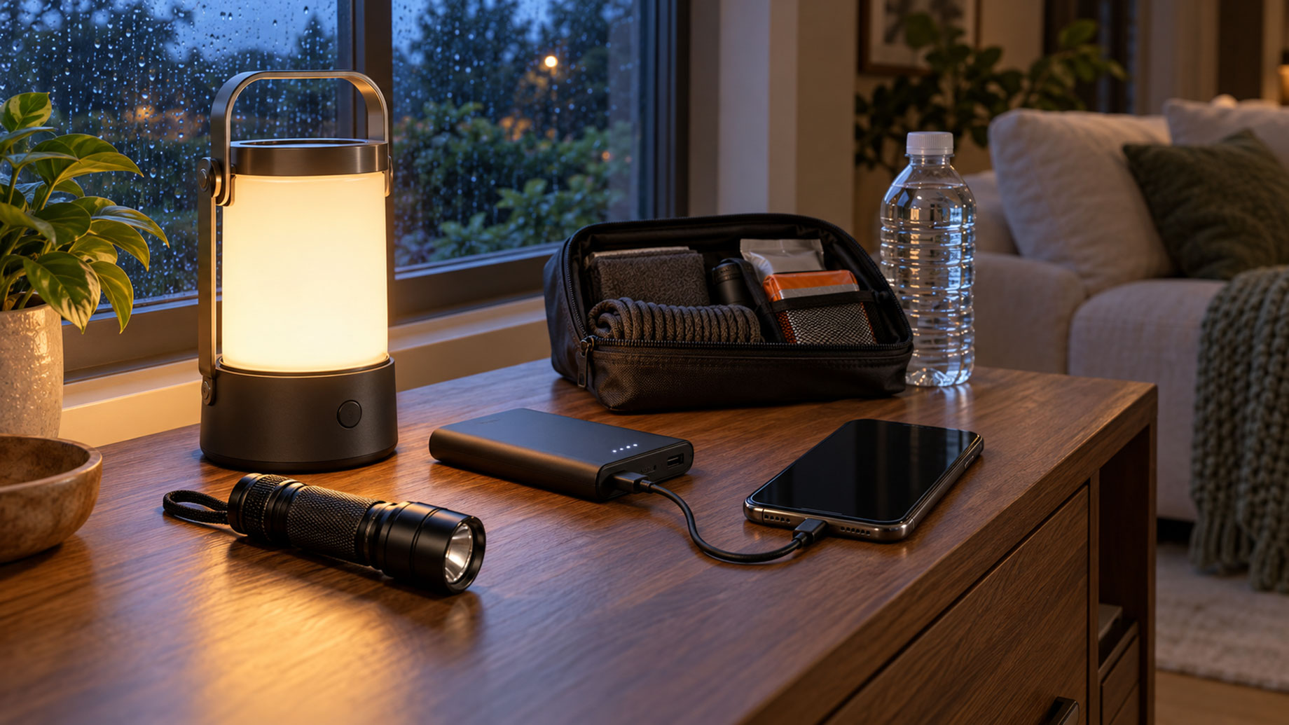 Glowing LED lantern, flashlight and phone connected to a power bank beside an emergency kit on a wooden table near a rain-covered window.