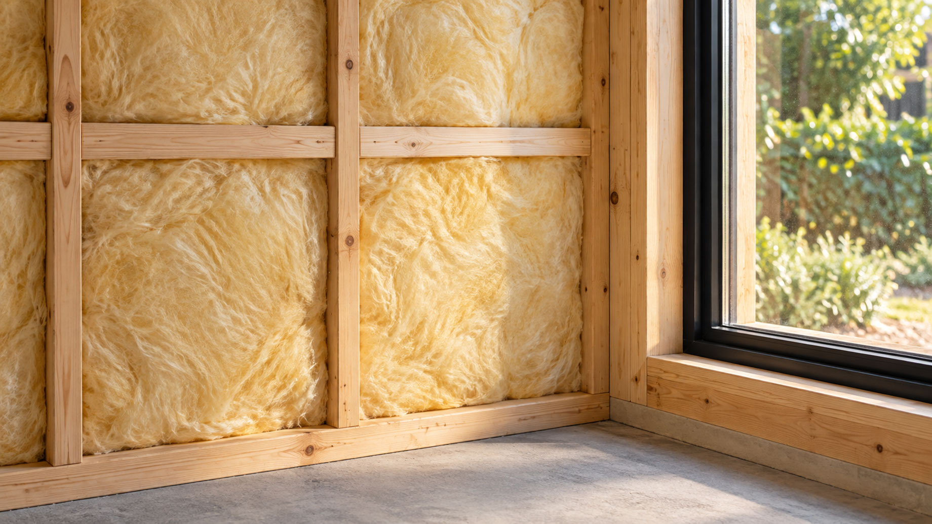 Exposed timber wall framing with fitted insulation beside a black-framed window in a home under construction.