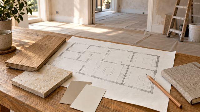 Floor plan, oak flooring, stone tile and neutral paint samples arranged on a wooden table in a home under renovation.