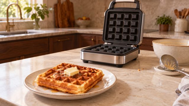 Golden waffle with butter and syrup on a ceramic plate, with an open waffle maker, batter bowl and ladle on a sunlit stone kitchen counter.