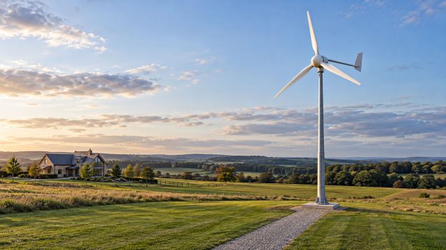 Three-blade wind turbine on a steel tower beside a gravel access path, with a country home in the distance.
