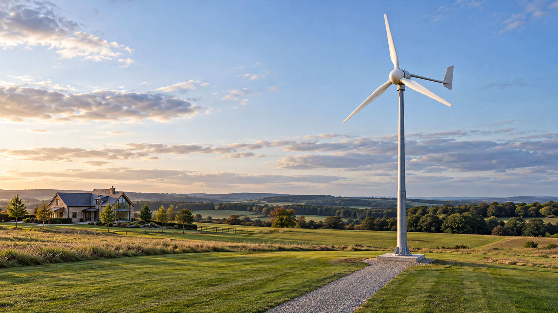 Three-blade wind turbine on a steel tower beside a gravel access path, with a country home in the distance.