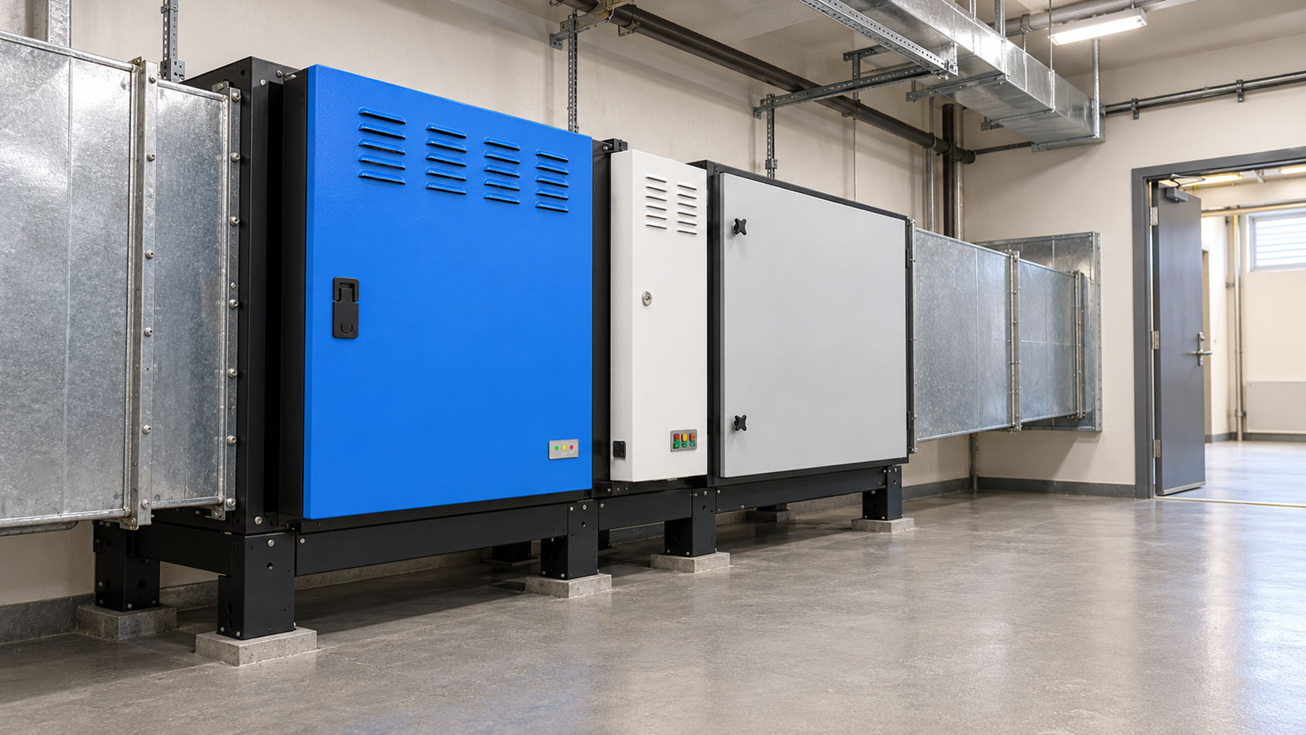 Blue, white and grey exhaust treatment cabinets connected to metal ducts in a plant room with a clear service aisle.