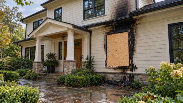 Pale-sided home with a plywood-boarded window, soot-blackened trim, charred debris and a wet stone walkway beside the front porch.