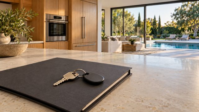 House key and black access fob on a charcoal folder, with an oak kitchen and pool terrace in the background.