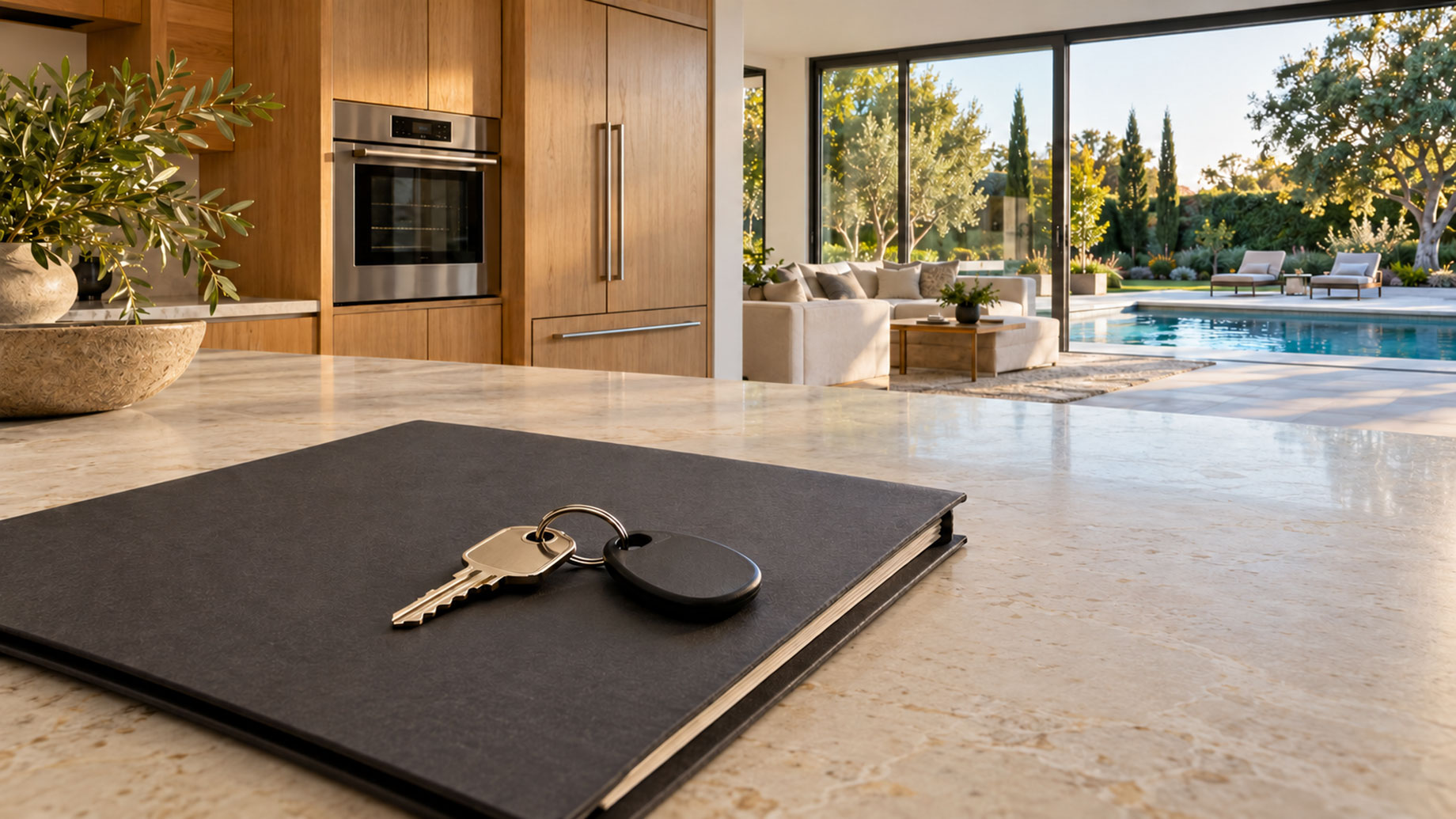 House key and black access fob on a charcoal folder, with an oak kitchen and pool terrace in the background.